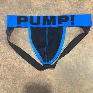 Men’s black and blue pump jock, size medium